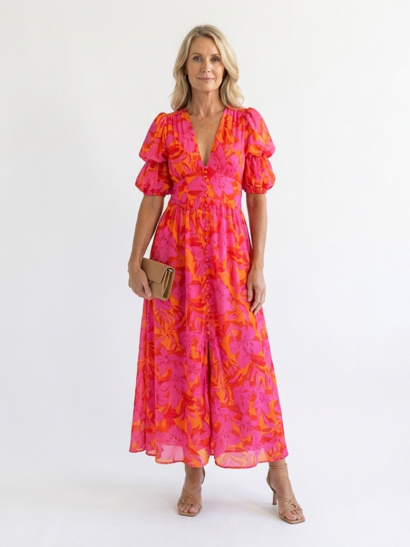 Fiorella | Floral V-Neck Puff Sleeve Midi Dress