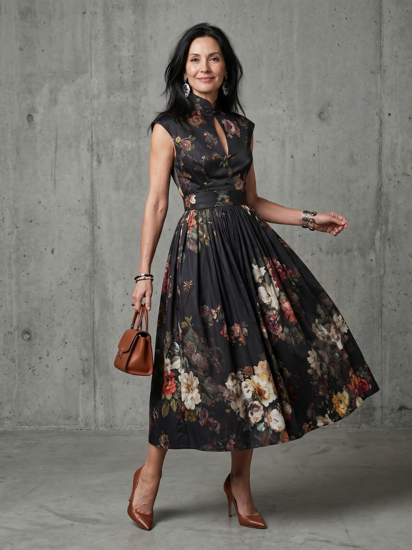 Amelisse | High-Neck Floral Pleated Midi Dress