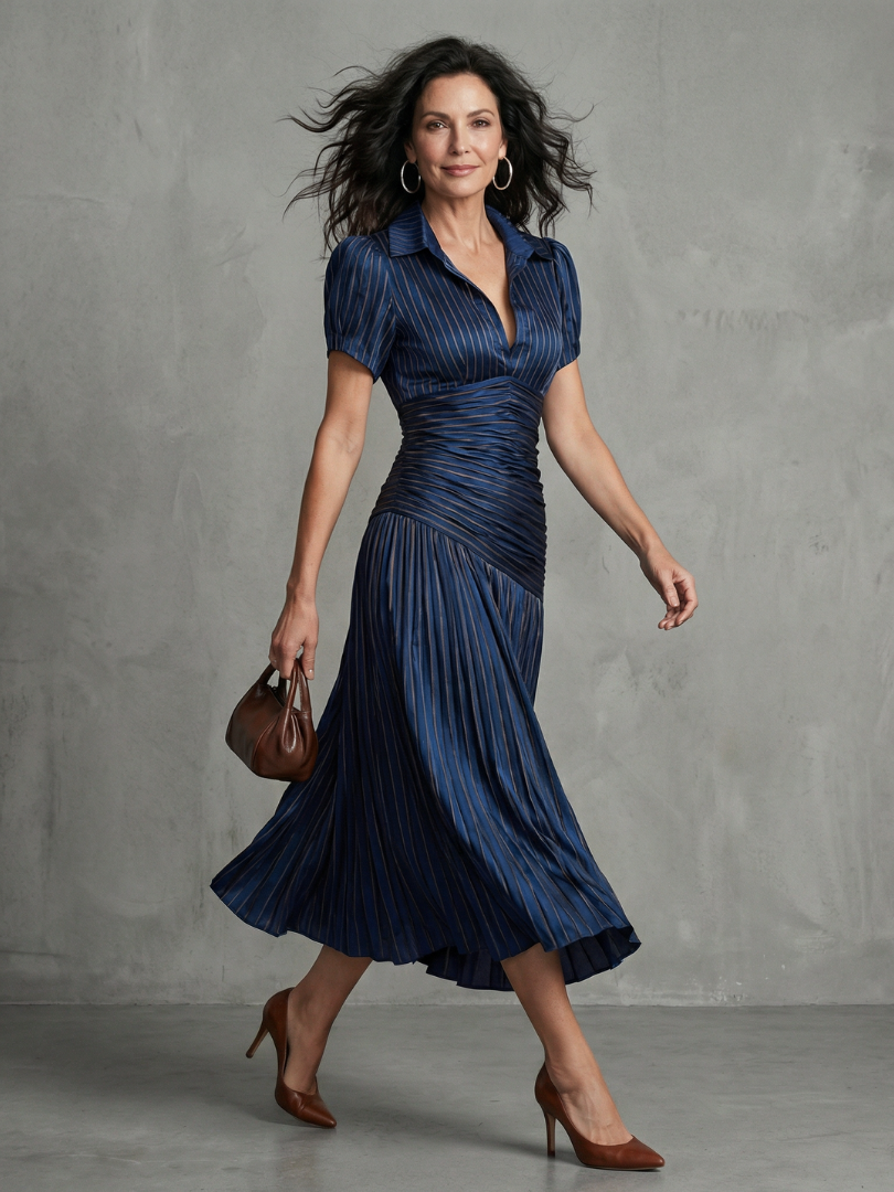 Isadora | Pleated Waist Stripe Midi Dress