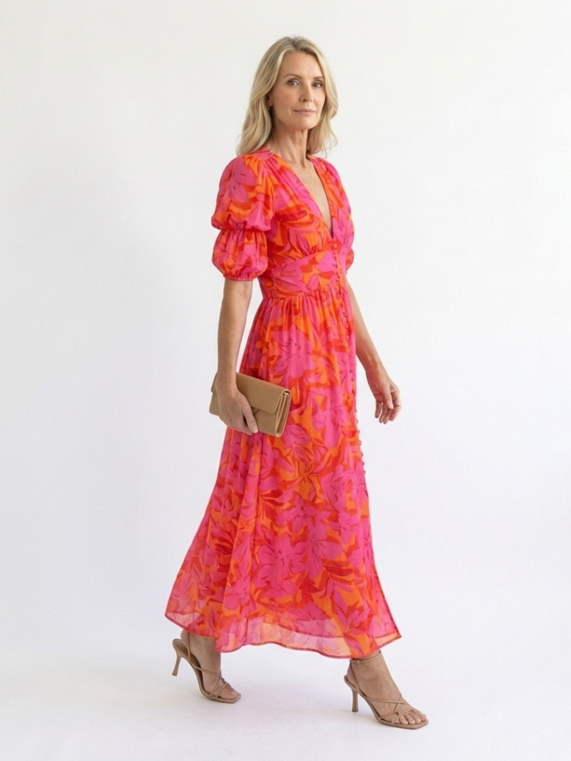 Fiorella | Floral V-Neck Puff Sleeve Midi Dress