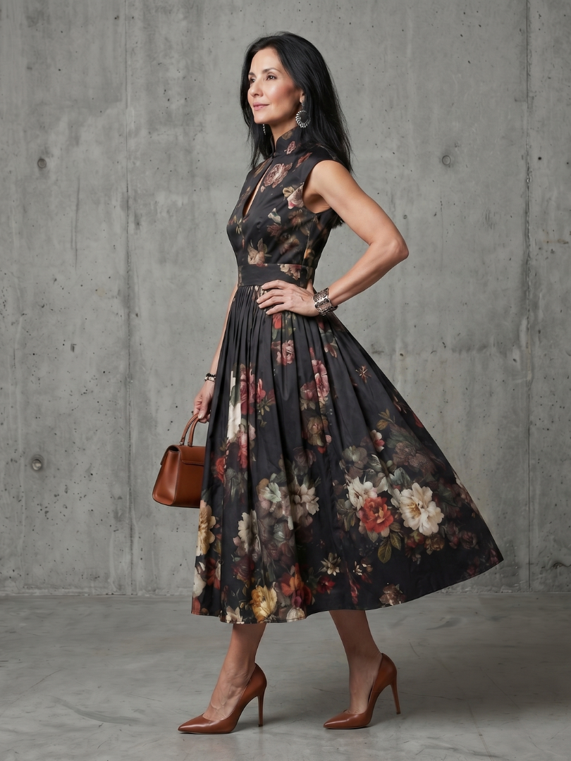 Amelisse | High-Neck Floral Pleated Midi Dress