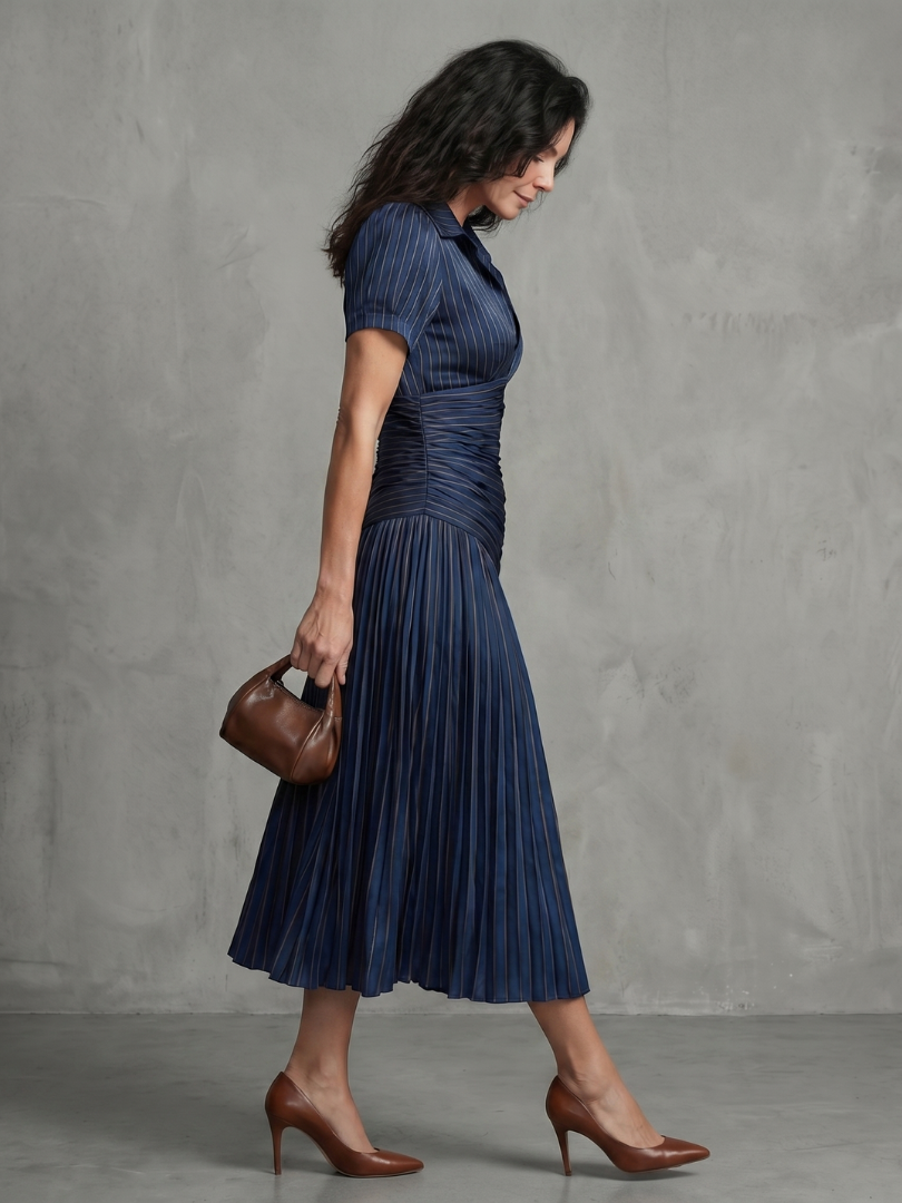 Isadora | Pleated Waist Stripe Midi Dress