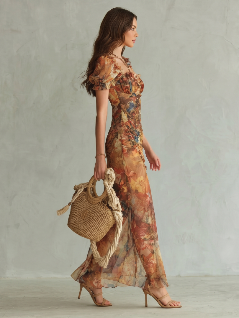 Olivia | Ruffled Sleeve Ruched Slit Midi Dress