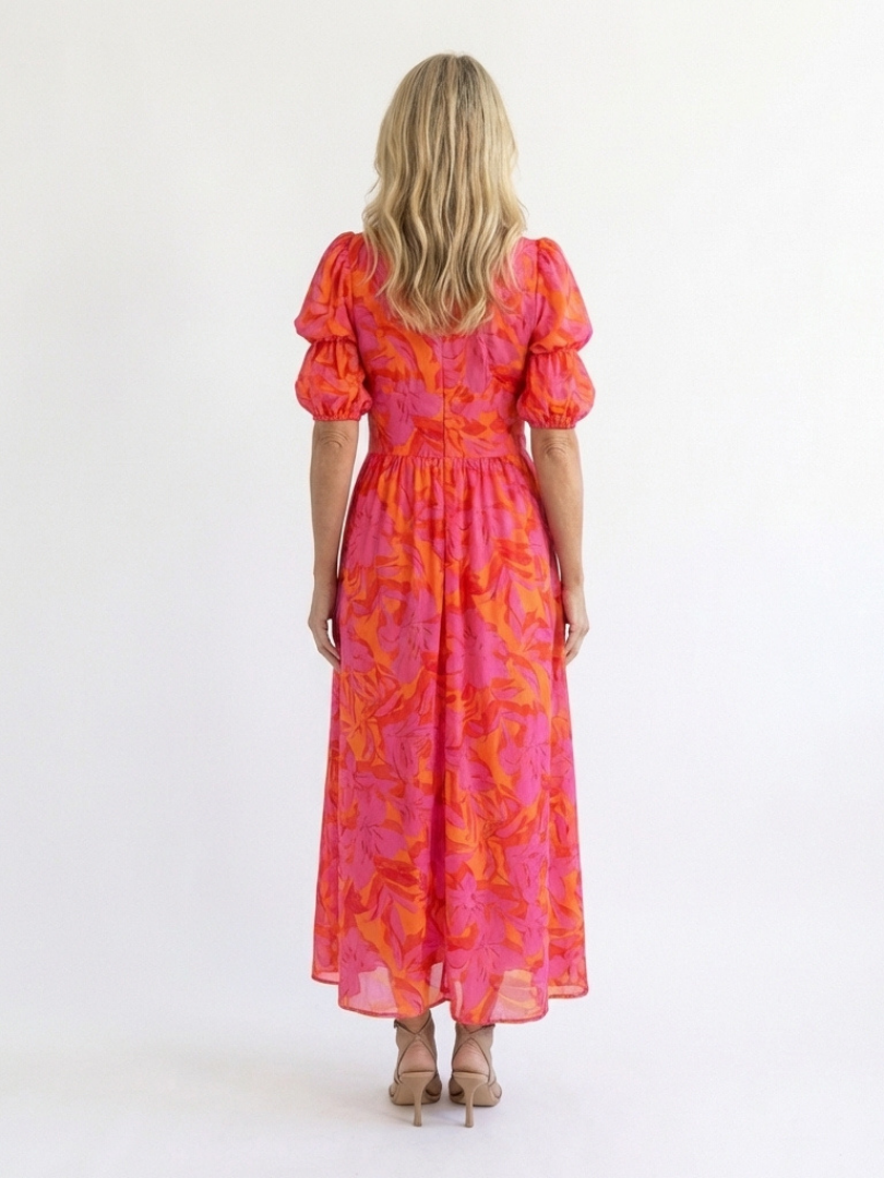 Fiorella | Floral V-Neck Puff Sleeve Midi Dress