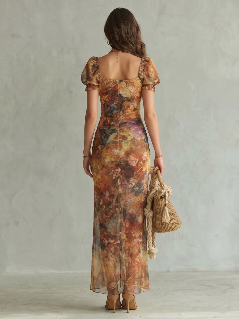 Olivia | Ruffled Sleeve Ruched Slit Midi Dress