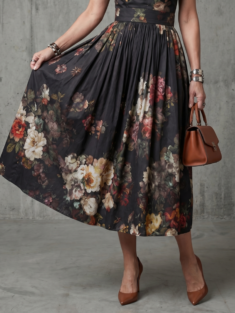 Amelisse | High-Neck Floral Pleated Midi Dress