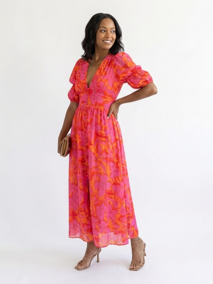Fiorella | Floral V-Neck Puff Sleeve Midi Dress