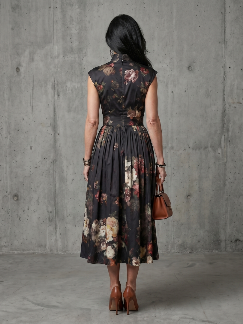 Amelisse | High-Neck Floral Pleated Midi Dress
