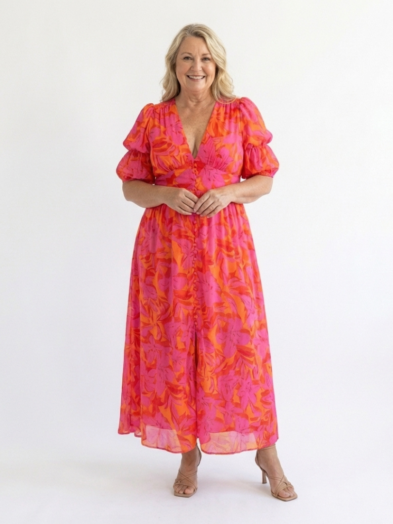 Fiorella | Floral V-Neck Puff Sleeve Midi Dress