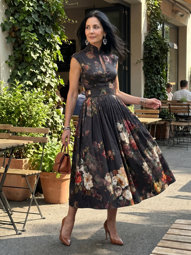 Amelisse | High-Neck Floral Pleated Midi Dress