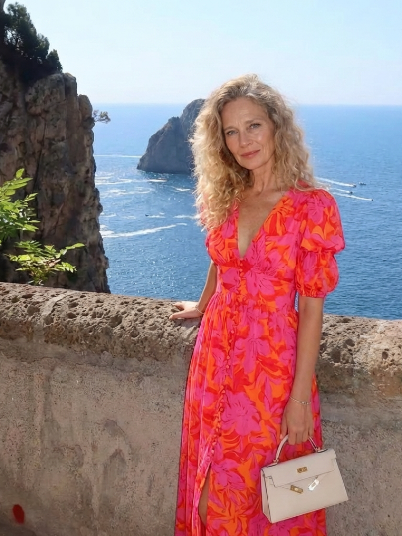 Fiorella | Floral V-Neck Puff Sleeve Midi Dress