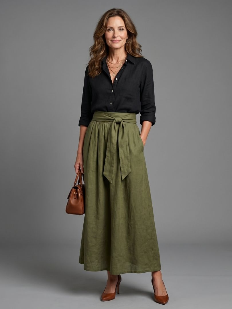 Liorenne | Black Blouse & Olive Green Midi Skirt Set