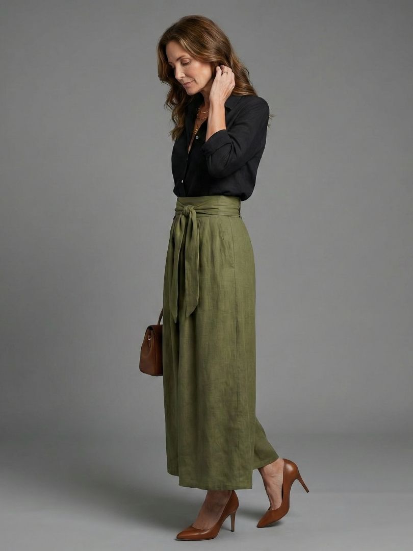 Liorenne | Black Blouse & Olive Green Midi Skirt Set