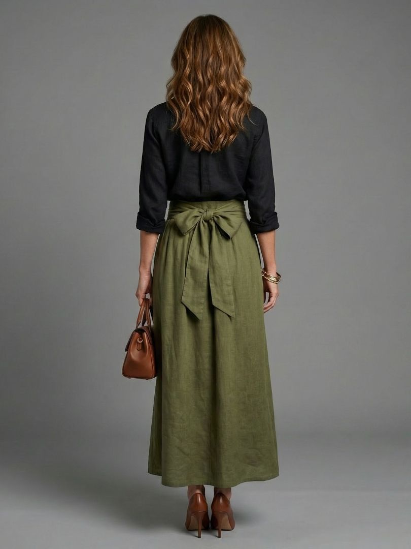 Liorenne | Black Blouse & Olive Green Midi Skirt Set