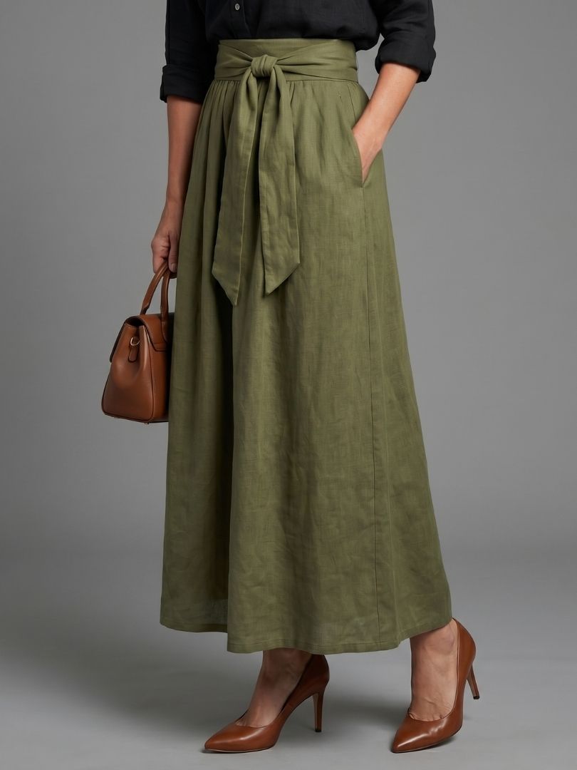 Liorenne | Black Blouse & Olive Green Midi Skirt Set